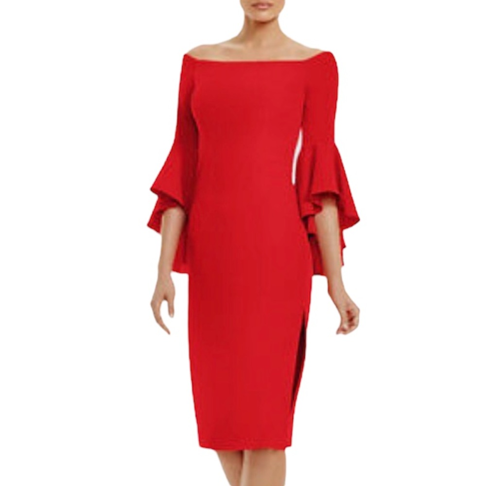 MILLY Red Selena Off Shoulder Sheath Ruffled Sleeve Dress Size 4